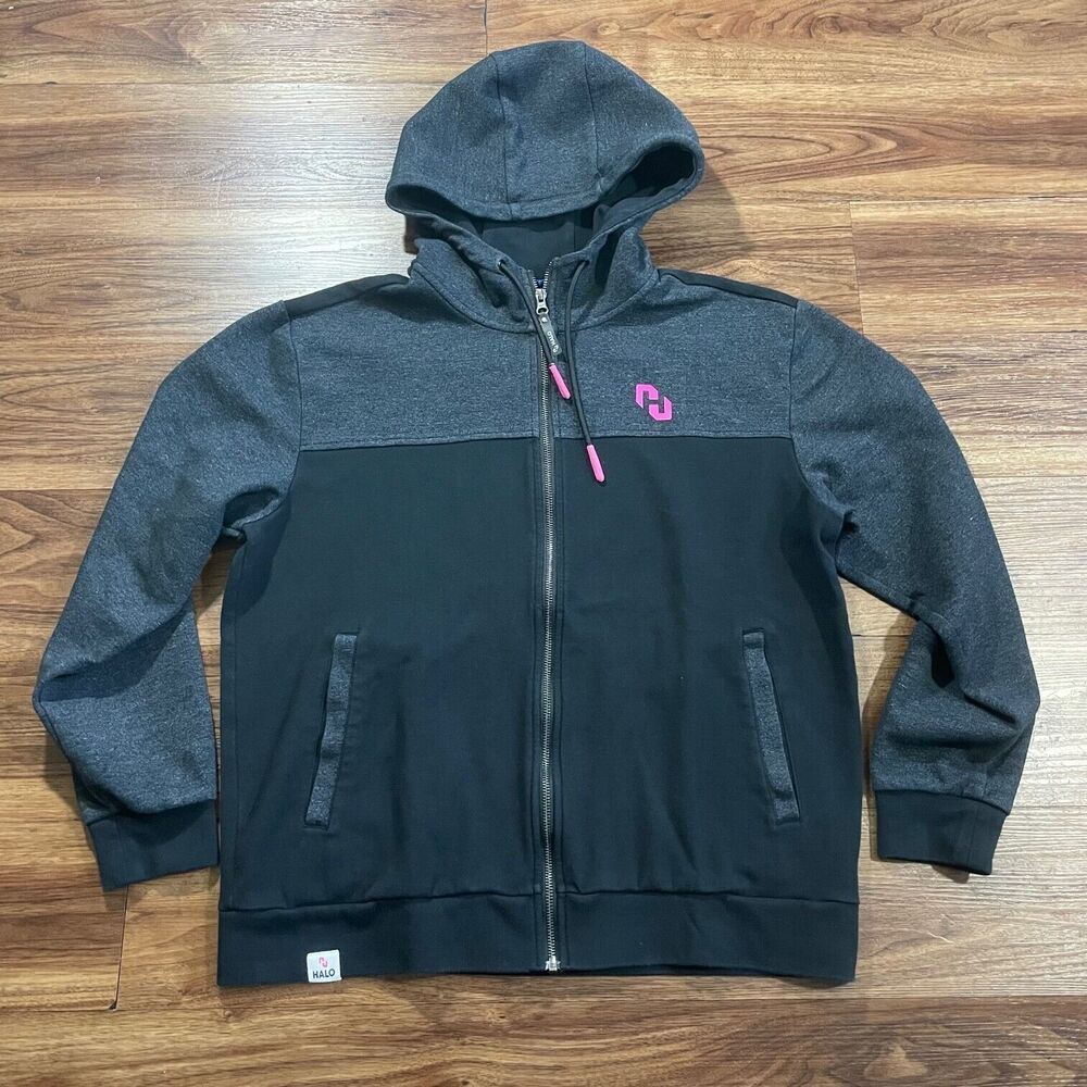 Halo Full Zip Long Sleeve Hoodie Logo Black Pink  Drawstring Sweater Men's Large